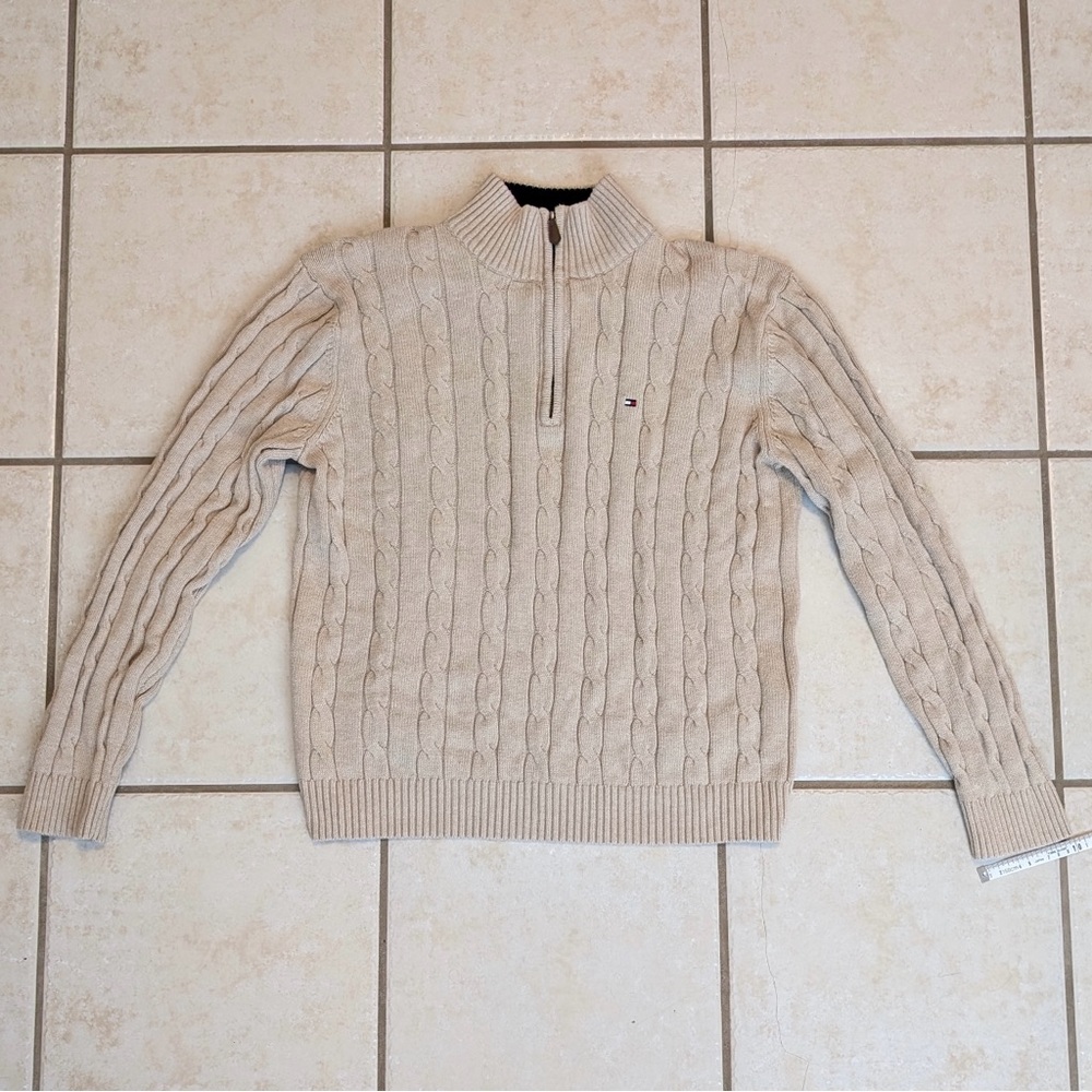Size L Tommy Hilfiger 100% Cotton Y2K Vintage Cream Chunky Knit Quarter Zip - Picture 14 of 15